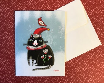 Christmas Winter Holiday Tuxedo Cat Cardinal Blank Note Cards Painting by Sharon Bloom Designs