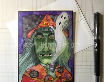 Halloween Witch Coffee Brew Ghost Spirit Blank Note Card Painting by Sharon Bloom Designs