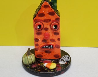 Halloween Ceramic Haunted House Sculpture with Embellishments Handmade by Sharon Bloom Designs