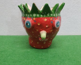 Ceramic Speckled Strawberry Fruit Friend Candy Cup Container Sculpture Handmade Sharon Bloom Designs