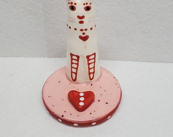 Ceramic Sweetheart Cat Valentune Celebration Sculpture Handmade by Sharon Bloom Designs