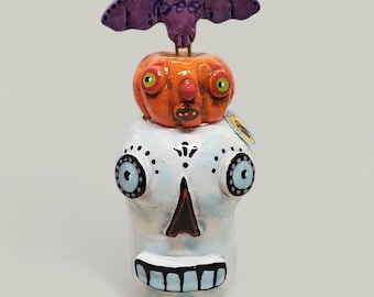 Halloween Ceramic Skull Pumpkin Bat Totem Sculptural Rattle Noisemaker Signed by the Artist