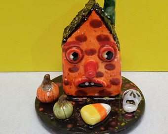 Halloween Ceramic Haunted House Sculpture with Embellishments Handmade by Sharon Bloom Designs