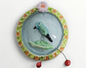 Ceramic Wall Sculpture Bird Berries Leaf Vignette House Jewelry By Sharon Bloom Designs