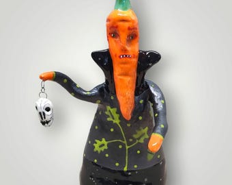 Halloween Hand-Sculpted Ceramic Carrot Witch Sculpture with Skull Decoration (OOAK)