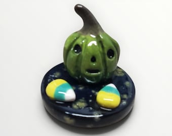 Halloween Ceramic Minature  Vignette Green Pumpkin with Candy Corn Handmade