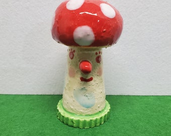 Polka Dot Mushroom Character Ceramic Sculpture Handmade By Sharon Bloom Design