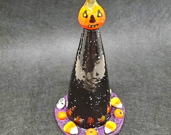 Halloween Ceramic Embellished Witch Hat Rattle Shaker Sculpture Handmade by Sharon Bloom Designs