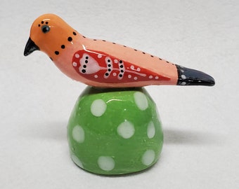 Pink and Orange Folk Art Bird Ceramic Sculpture Americana Handmade By Sharon Bloom Designs