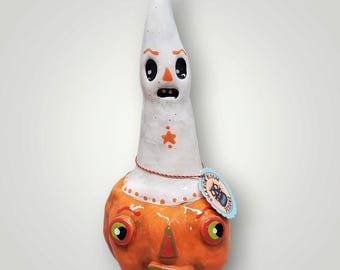 Halloween Anthropomorphic Ghost Pumpkin Jack-O-Lantern Rattle Noisemaker Sculpture