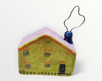 Handmade Ceramic Folk Art Colorful Cottage Wire Chimney Smoke - for Home Decor - Signed and Dated 2026