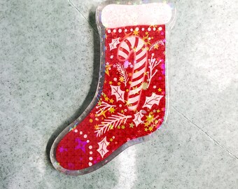 Christmas Stocking Holographic Fancy Domed Acrylic Pin by Sharon Bloom Designs
