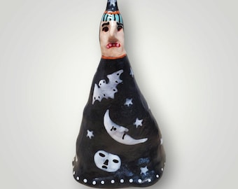 Halloween Ceramic Folk Art Bat Moon Pumpkin Stars OOAK Original Sculpture by Sharon Bloom Designs