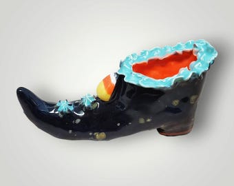 Halloween Handmade Ceramic Black Witch Shoe Boot Sculpture