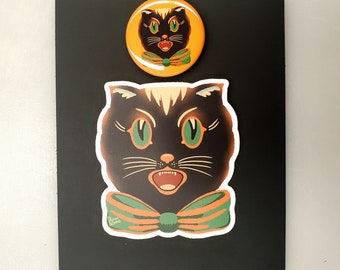 Halloween Fright Cat Button Pinback*Sticker SET OF TWO by Sharon Bloom Designs