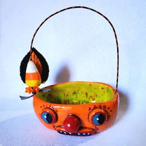 Halloween Anthropomorphic Orange Pumpkin Pail Ceramic Pail with Millinery Corsage Ceramic Candy Corn Handmade by Sharon Bloom Designs