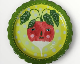 Whimsical Radish Folk Art Hand Painted Scallop Edge Ceramic Small Plate