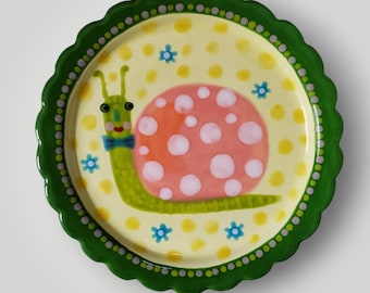 Whimsical Snail Folk Art Hand Painted Scallop Edge Ceramic Small Plate
