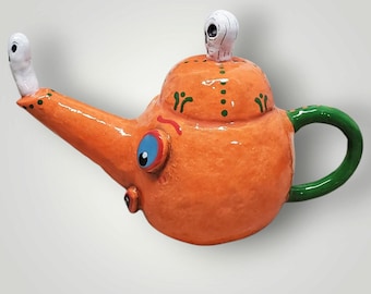 Halloween Ceramic Vintage Inspired Pumpkin Teapot  Sculptural Rattle with Skull and Ghost Smoke – Handmade & Signed