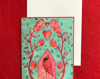 Folk Art Christmas Cardinal Mittens Greeted Note Card Painting by Sharon Bloom Designs