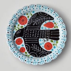 Black Bird Flowerss Folk Art Hand Painted Scallop Edge Ceramic Small Plate