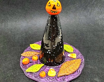 Halloween Ceramic Embellished Witch Hat Rattle Shaker Sculpture Handmade by Sharon Bloom Designs
