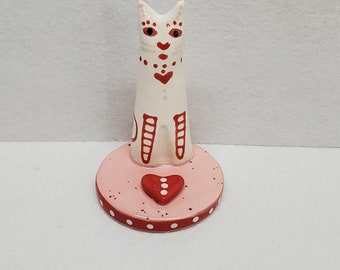 Ceramic Sweetheart Cat Valentune Celebration Sculpture Handmade by Sharon Bloom Designs
