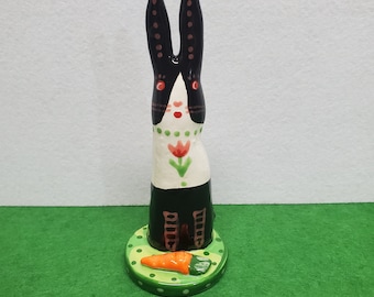 Ceramic Dutch Bunny Black and White with Carrot Sculpture Handmade by Sharon Bloom Designs