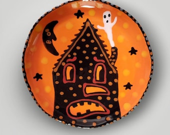 Halloween Haunted House Ghost Moon Ceramic Little Hand Painted Plate