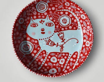 Ceramic Blue Cat Flowers Folk Art Medium Dish by Sharon Bloom Designs