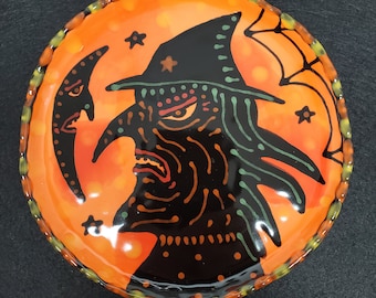 Ceramic Halloween Witch Moon Dapple Edge Folk Art Small Plate Hand Painted by Sharon Bloom Designs