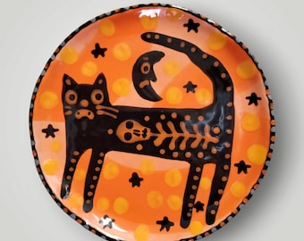 Halloween Spooky Black Skeleton Flower Ceramic Little Hand Painted Plate