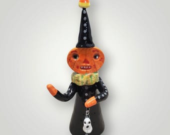 Halloween Handmade Ceramic Pumpkin Witch Character With Ghost Folk Art Sculpture