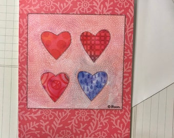 Four Hearts True Blue BLANK Valentine Note Card Painting by Sharon Bloom Designs