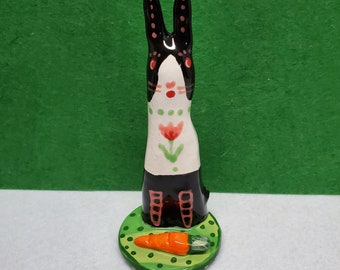 Ceramic Dutch Bunny Black and White with Carrot Sculpture Handmade by Sharon Bloom Designs