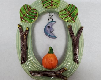 Ceramic Autumn Halloween Pumpkin Twigs Moon Leaves House Jewelry By Sharon Bloom Designs