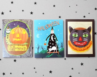 Halloween Note Card Set of Three, Spooky Pumpkin Skull Black Cat Witch Cards