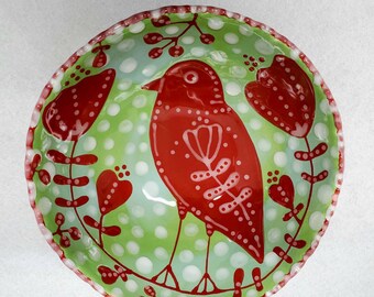 Ceramic Folk Art Red Bird Flowers Medium Dapple Edge Bowl Hand Painted by Sharon Bloom Designs