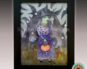 Magickal Moonlight Witch Original Watercolor Collage Mixed Media Artwork by Sharon Bloom for EHAG