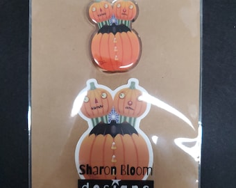 Halloween Double Trouble Fancy Domed Acrylic Pin and Sticker Collector Card SET OF TWO by Sharon Bloom Designs