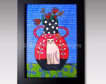 Vase With Cat Original Painting by Sharon Bloom