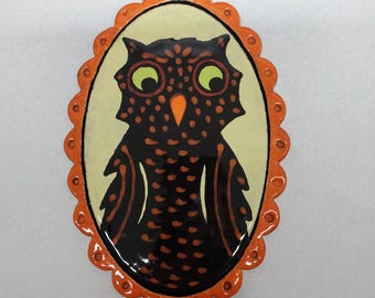 Halloween Handmade Ceramic Owl Hanging Oval Wall Tile