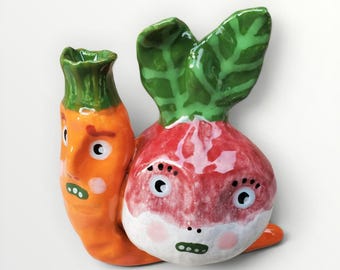Ceramic Snail Carrot Radish Whimsical Sculpture-Sharon Bloom Designs