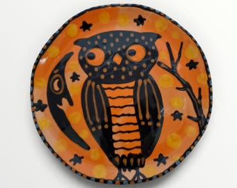 Halloween Spooky Vintage Style Owl Moon Ceramic Little Hand Painted Plate