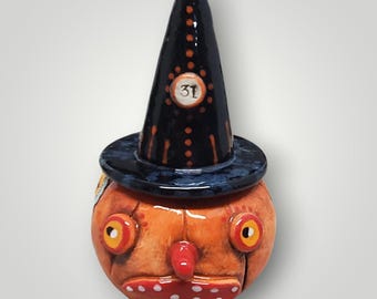 Vintage Inspired Halloween Pumpkin Rattle with Witch Hat – Handmade & Signed