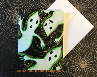 Halloween Ghosts Frightful Spooky Spirits Blank Note Card Painting by Sharon Bloom Designs