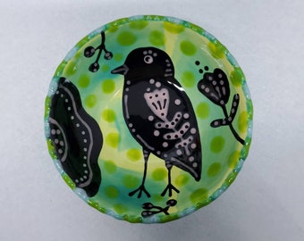 Ceramic Folk Art Black Bird Flowers Little Dapple Edge Bowl Hand Painted by Sharon Bloom Designs