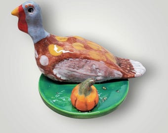 Thanksgiving Handmade Ceramic Turkey Pumpkin Autumn Sculpture