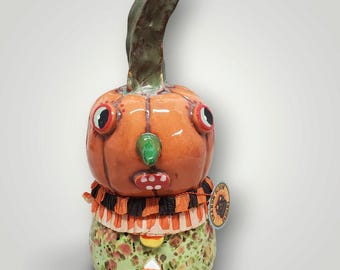 Halloween Folk Art Pumpkin Character Sculptural Rattle With Vintage Crepe Paper