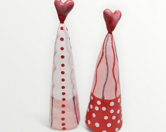 Ceramic White Pink and Pink Red Mini Heart Trees Sculptures SET OF TWO Decorations By Sharon Bloom Designs